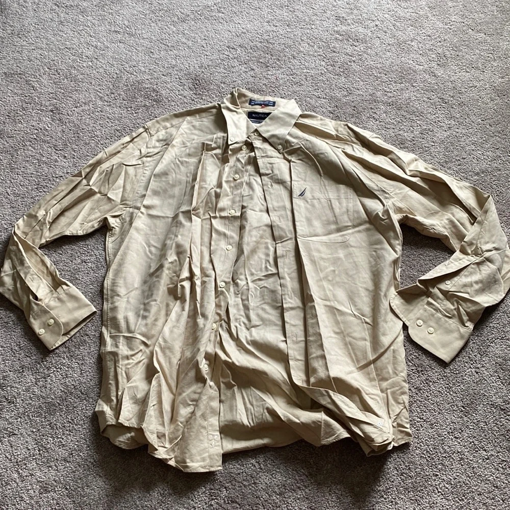 Nautica Beige Vintage Oxford Khaki Long Sleeve Button Down Dress Shirt SIZE 16.5